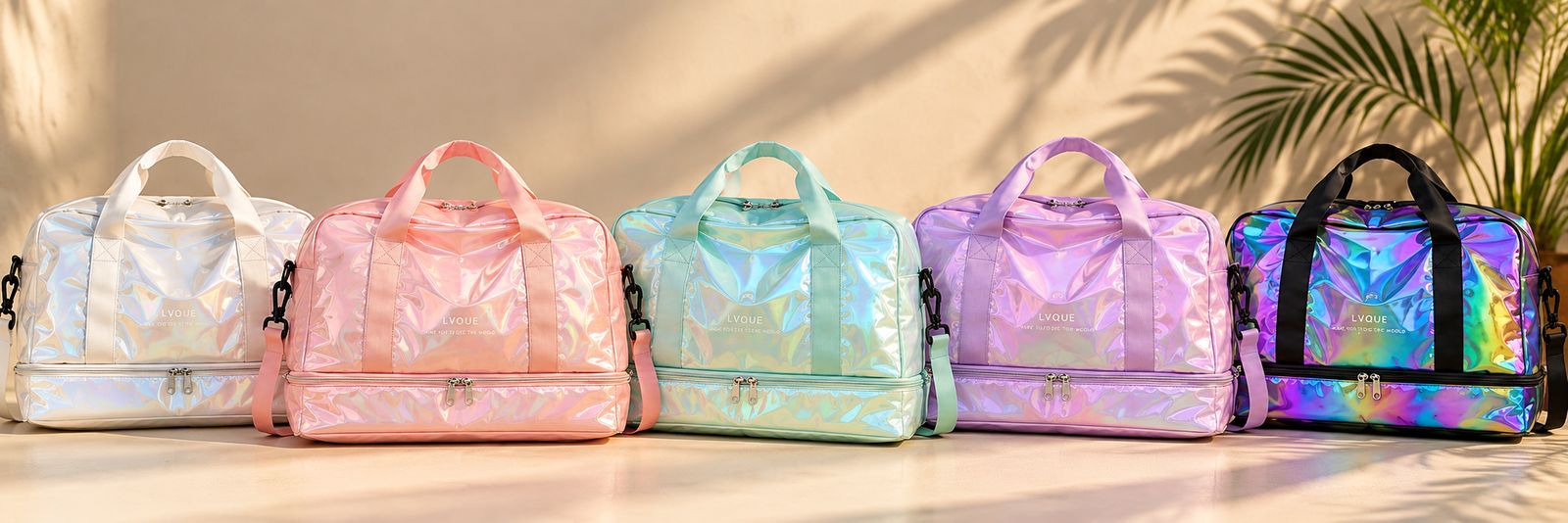 Pearl, Pink, Mint, Lilac and Aurora duffels lined up in the sun